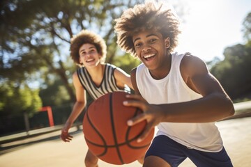 teens playing basketball outdoors