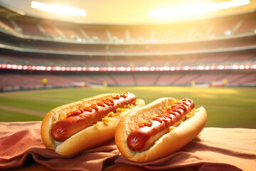 A classic American hotdog, a popular stadium snack at football and baseball matches, featuring a tasty grilled sausage with ketchup and mustard in a soft bun. - obrazy, fototapety, plakaty