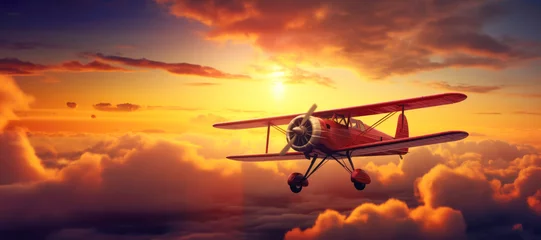 Peel and stick wall murals Old airplane Retro airplane - biplane scenic aerial view at sunset skies