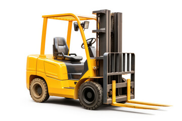 A forklift in an industrial warehouse, ready to transport cargo on a white background.