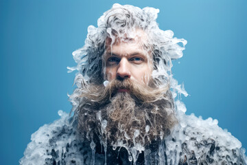A portrait of a serious individual outdoors in the cold of Siberia, their face and hair exposed to the harsh winter wind, with a background reflecting the frigid season. - obrazy, fototapety, plakaty