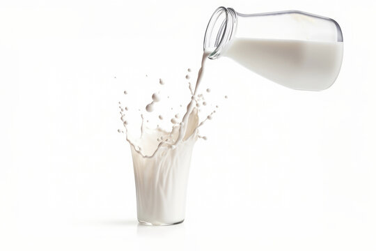 A pristine, organic milk bottle pouring beverage to a glass against a clean, white backdrop, emphasizing its natural and healthy qualities.