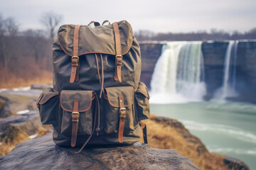 A travellers backpack with picturesque waterfall, capturing the essence of autumn tourism and the joy of outdoor exploration.