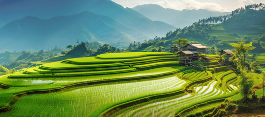 picturesque beauty of rice terraces against the rural mountain landscape, a testament to the region's rich agricultural heritage.