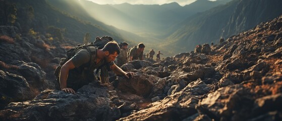 One of the troops is lending a hand as they ascend the mountain. . - obrazy, fototapety, plakaty