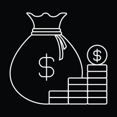 Money Management Icon. A money bag and coins icon to represent money management, budgeting, and saving money.