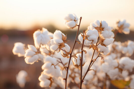 A beautiful shot of cotton flowers in a field, emphasizing the raw and natural beauty of this fluffy crop as it grows in its environmental setting.