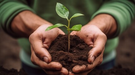 Plant in hands Environment famer hands holding soil outdoor Ecology concept