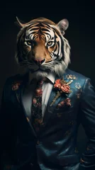 Tiger dressed in an elegant suit with a nice tie. Fashion portrait of an anthropomorphic animal, feline, posing with a charismatic human attitude © mozZz