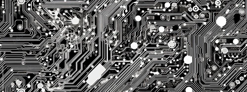 Wall mural seamless electronics circuit board background texture. high tech motherboard pattern, monochrome bla
