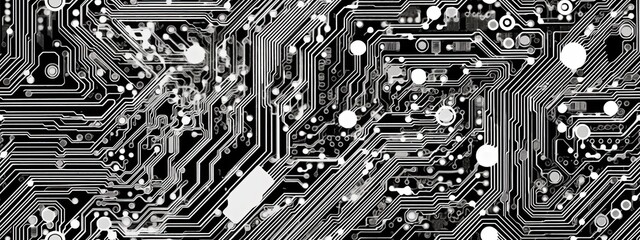 Seamless electronics circuit board background texture. High tech motherboard pattern, monochrome black white grey. A fun geeky engineering, computer science nerd textile swatch, backdrop