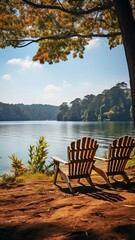Naklejka premium Benches made of wood along a lake. calm environment.