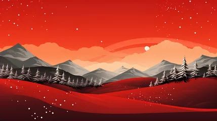 Fototapeten Red Christmas themed background with snowy hills  © Ahmad