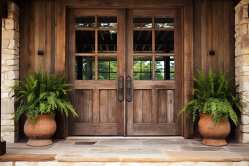 Exterior of front doorway vintage farm style house in countryside