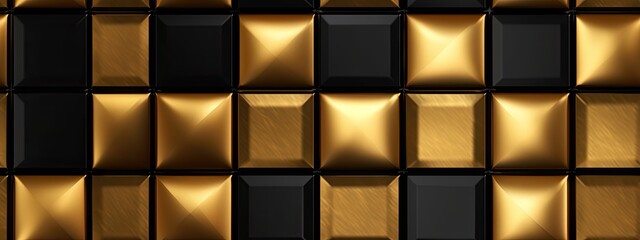 Seamless golden checker or chessboard square pattern. Vintage abstract gold plated relief, black background. Modern elegant metallic luxury backdrop. Maximalist gilded wallpaper - obrazy, fototapety, plakaty