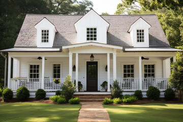 Exterior of front doorway luxury farm style house in countryside - Powered by Adobe