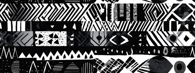 Seamless abstract geometric polygon stripe tribal patchwork pattern. Monochrome bold black white diamond geode motif background texture, trendy painterly doodle line style. - obrazy, fototapety, plakaty