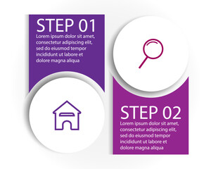 2 step infographic, simple infographic design consisting of two interrelated parts, circle design combined with lines, icons and colors, good for your business presentation
