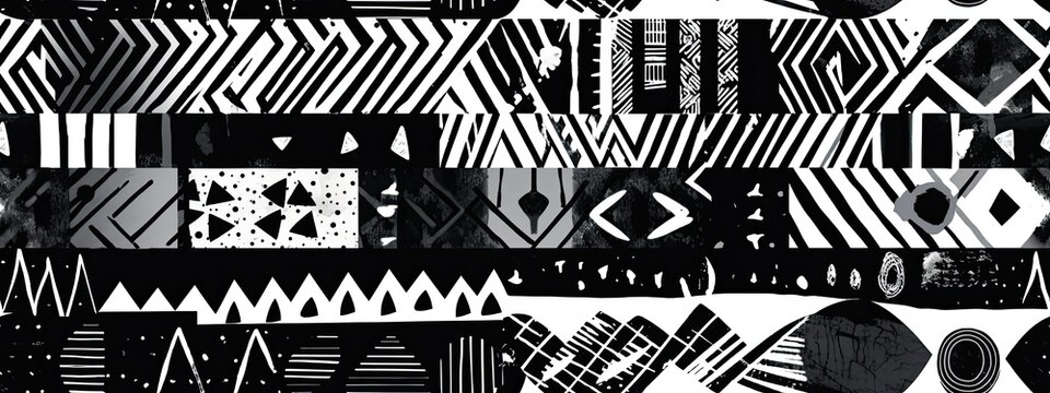 Seamless abstract geometric polygon stripe tribal patchwork pattern. Monochrome bold black white diamond geode motif background texture, trendy painterly doodle line style.