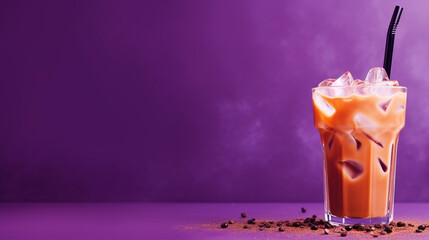 Cold coffee in glass on isolated purple background - ai generative