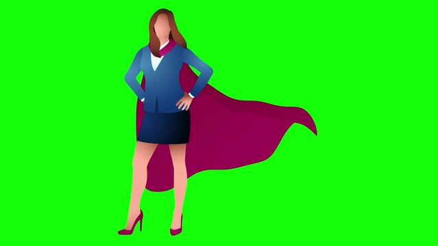 Businesswoman as a superhero standing against green screen, accomplishment, determination, empowerment, motion graphics