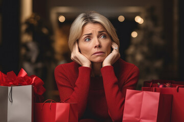 Tired depressed frustrated middle aged woman at home. Winter holiday stress, present gift buying, wrapping, preparing for Christmas concept - obrazy, fototapety, plakaty
