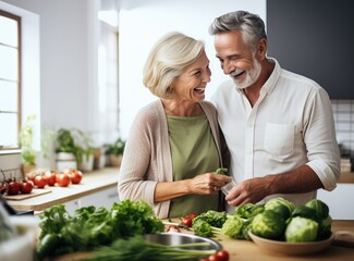  smiling mature couple cooking together