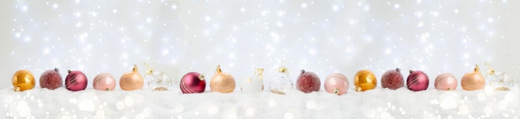 White christmas with snow - pink and golden decorations in snow extra wide border
