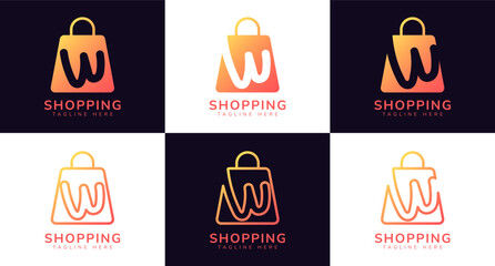 Set of initial letter W shop logo. This logo combines letters and shopping bag using bright gradation colors. Perfect for shops, ecommerce, sales, web store elements and companies related to commerce.