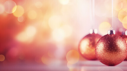 Set Of Baubles On Blurred Background With Lights. Christmas Decorations.