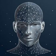 Virtual reality image seamlessly blends triangle line art human face and AI Dot concept