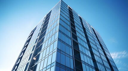 Fototapeta na wymiar Tall office building against clear blue sky background 