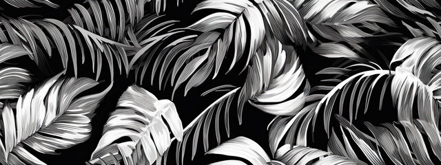 Seamless painted jungle palm leaves black white artistic acrylic texture background. Tileable creative grunge monochrome fall foliage motif wallpaper surface pattern