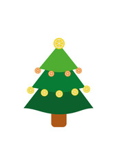 Christmas tree with hanging oranges and lemons. Citric fruits on healthy christmas greeting
