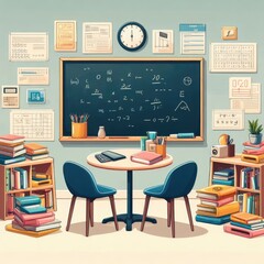 classroom with a blackboard and two chairs