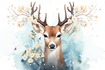 Tranquil Deer amidst White Flowers and Green Branches