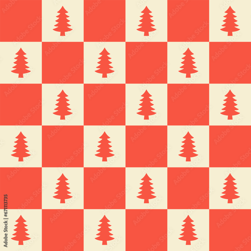 Poster retro christmas seamless pattern in style 60s, 70s. trendy checkered background with geometric fir t