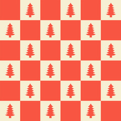 Retro Christmas seamless pattern in style 60s, 70s. Trendy checkered background with geometric fir tree. Vector illustration. Red and Beige colors