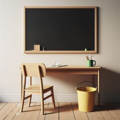 A classroom with a blackboard, a wooden desk with a green mug and a yellow bucket on it, and a wooden chair next to the desk