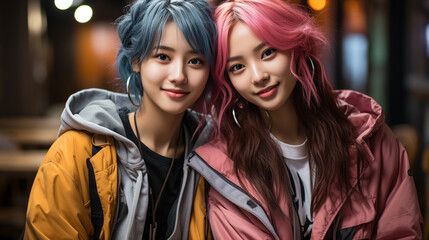 Teenage girls who follow Kpop music. Kpoppers. Young modern Asian women with pink and blue dyed hair and colorful and modern clothes. Happy girls fans of Asian music. Women smiling at the camera.