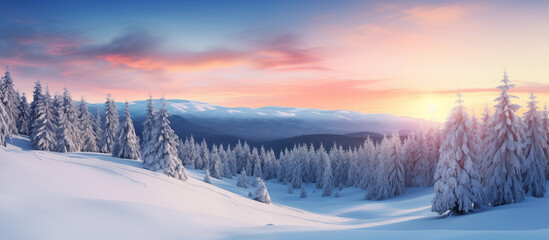 landscape with snow capped pine trees wallpaper, pine forest covered with snow, sunset, sunrise panorama banner design