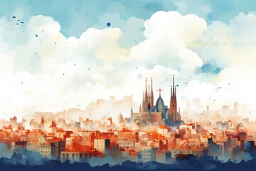 famous Barcelona skyline colorful card watercolor  illustration - obrazy, fototapety, plakaty