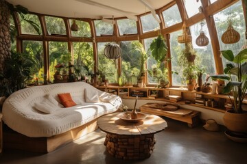 Fototapeta premium eco boho bungalow interior design of luxury hotel in nature. Bamboo wooden details, sofa, panoramic windows, decor, pillows. 