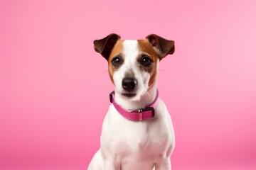 jack russel dog or puppy on pink background studio portrait. Pet products store, vet clinic, grooming salon poster banner. - obrazy, fototapety, plakaty