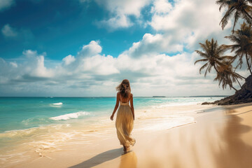 Fototapeta na wymiar back-view of woman walking on the caribbean beach