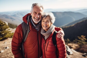 senior couple traveling together portrait. Retired people hiking tour in the mountains. Elegant aging.
