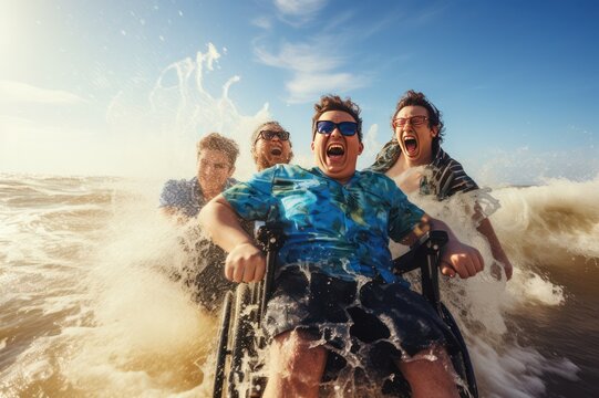 young people with reduced mobility in wheelchair with friends living happy active life on the beach traveling