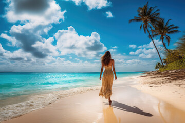 back-view of woman walking on the caribbean beach