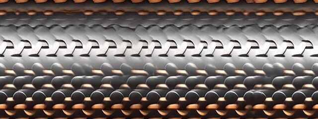 Seamless steel knurl surface pattern background. Silver gray rough shiny industrial metal with diamond bronze knurling repeat texture