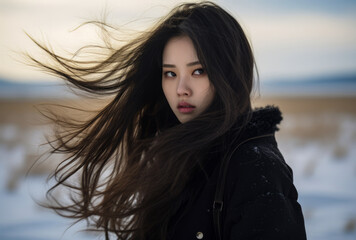 Fototapeta premium Young woman standing in the fields on a winter scene